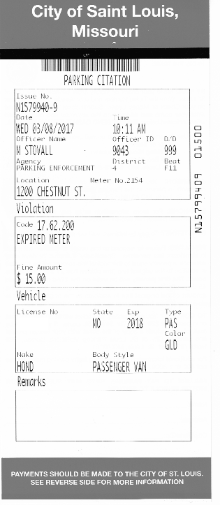 Ticket for expired meter for parking space #2154