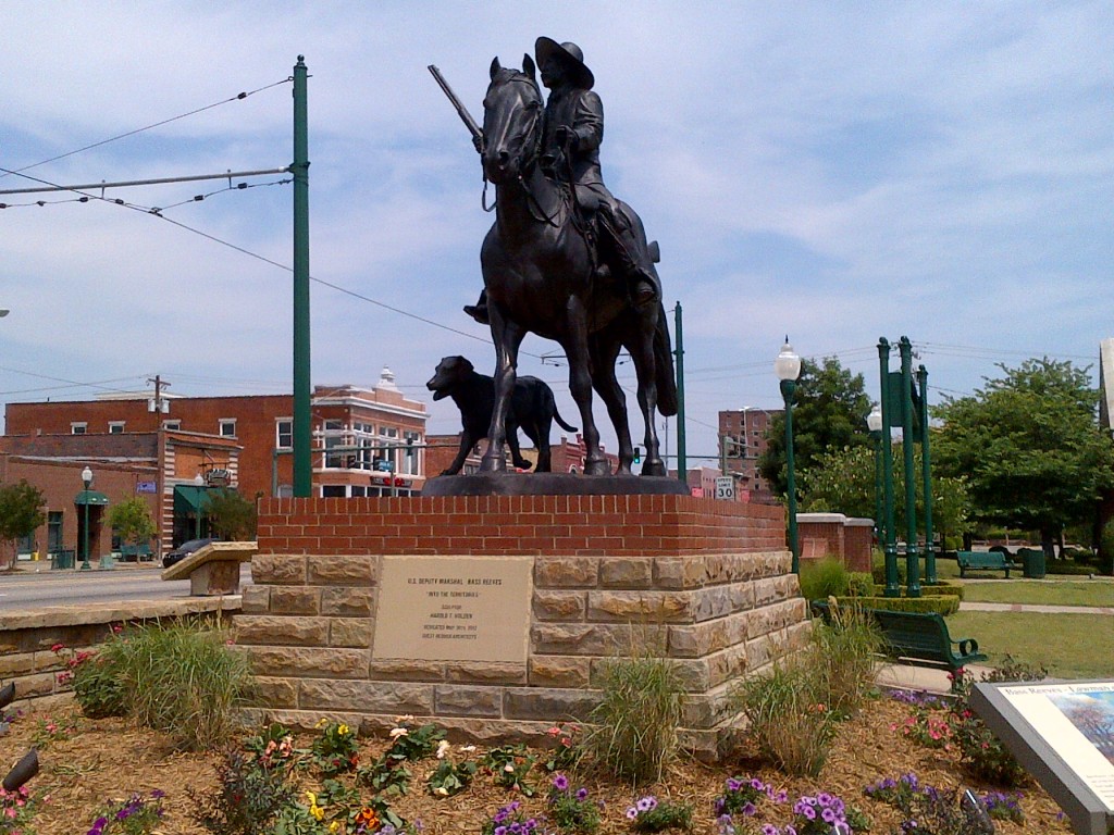 The Bass Reeves Legacy Monument, mounted on its base at Ross Pendergraft Park, Fort Smith, Arkansas