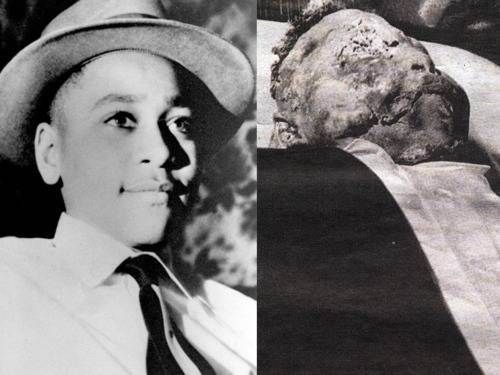 Emmett Till, left, was 14 when he was lynched and murdered by Roy Bryant and his half-brother John Milam after allegedly whistling at Bryant's 21-year-old wife Carolyn. Till's mother Mamie Till-Mobley insisted on an open casket for her son's funeral, right, so America could see what had been done to him. 